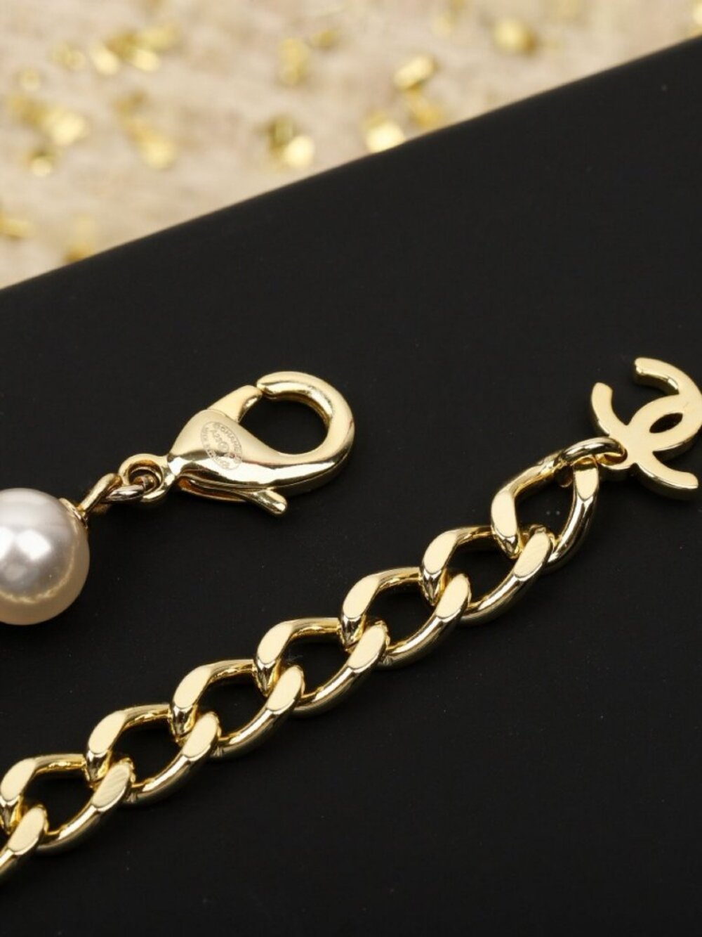 Chanel Gold-Tone Pearl Black Bead Crystal CC Long Necklace